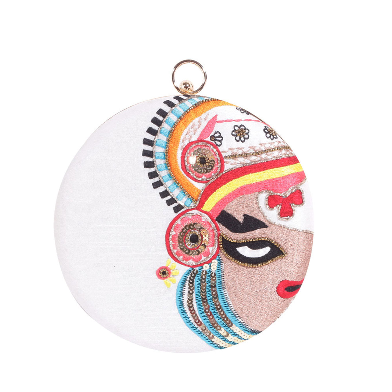 Kathakali Ethnic Embroidery Round White Clutch Bag For Women & Girls