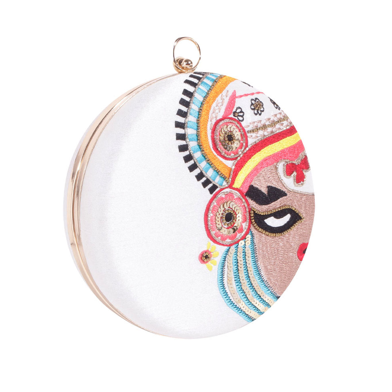 Kathakali Ethnic Embroidery Round White Clutch Bag For Women & Girls