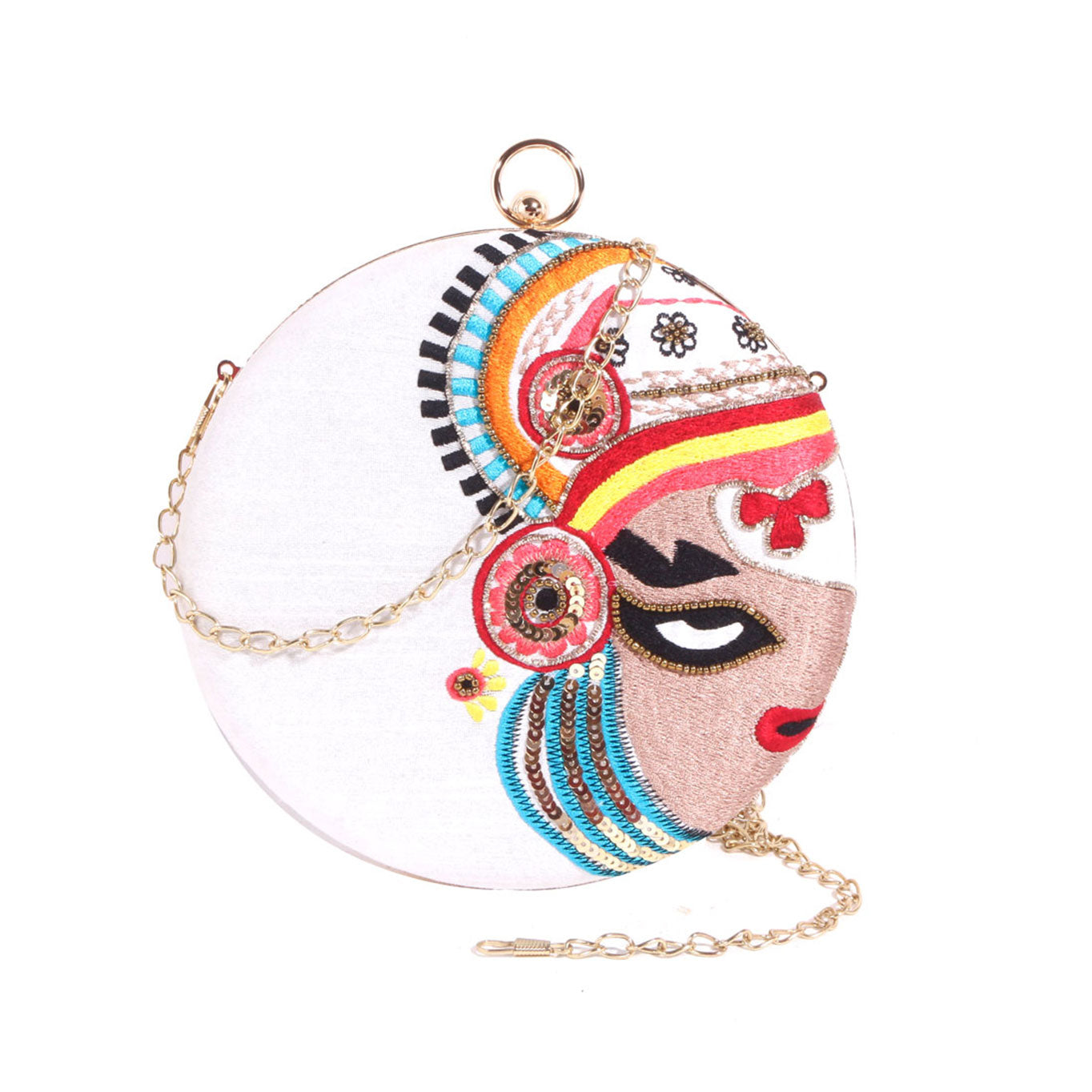 Kathakali Ethnic Embroidery Round White Clutch Bag For Women & Girls