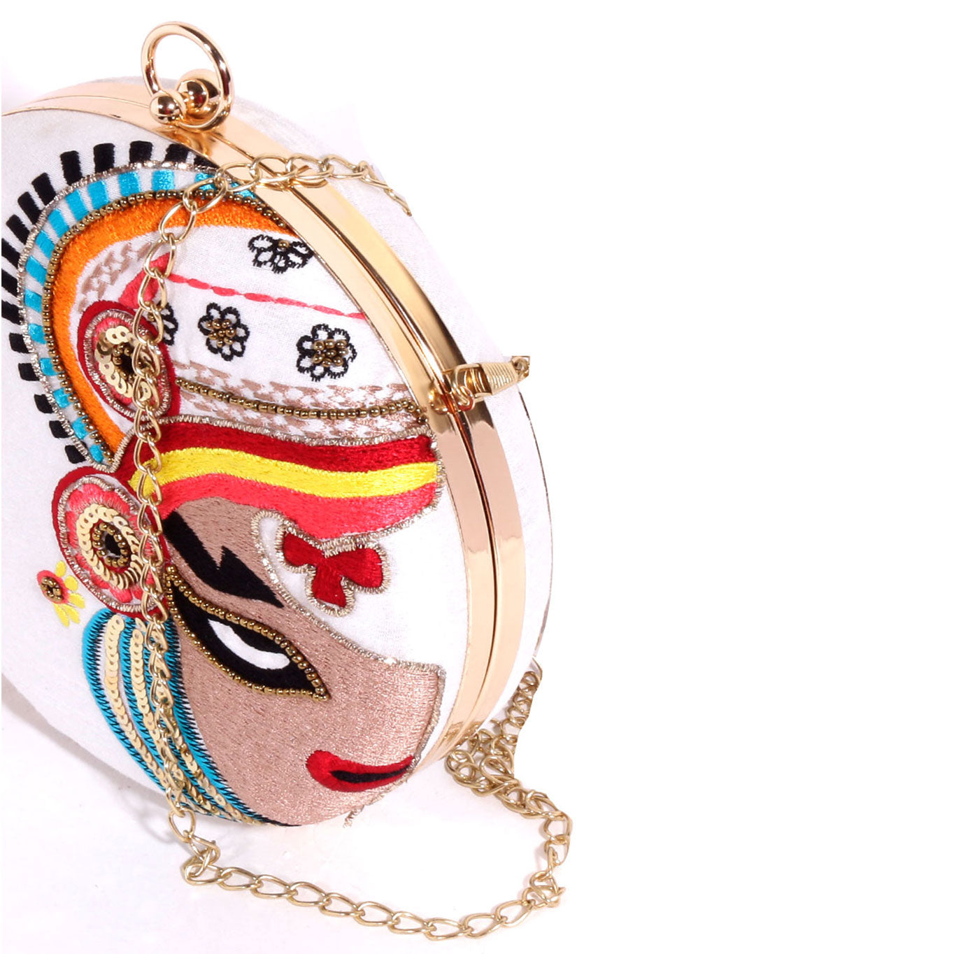 Kathakali Ethnic Embroidery Round White Clutch Bag For Women & Girls