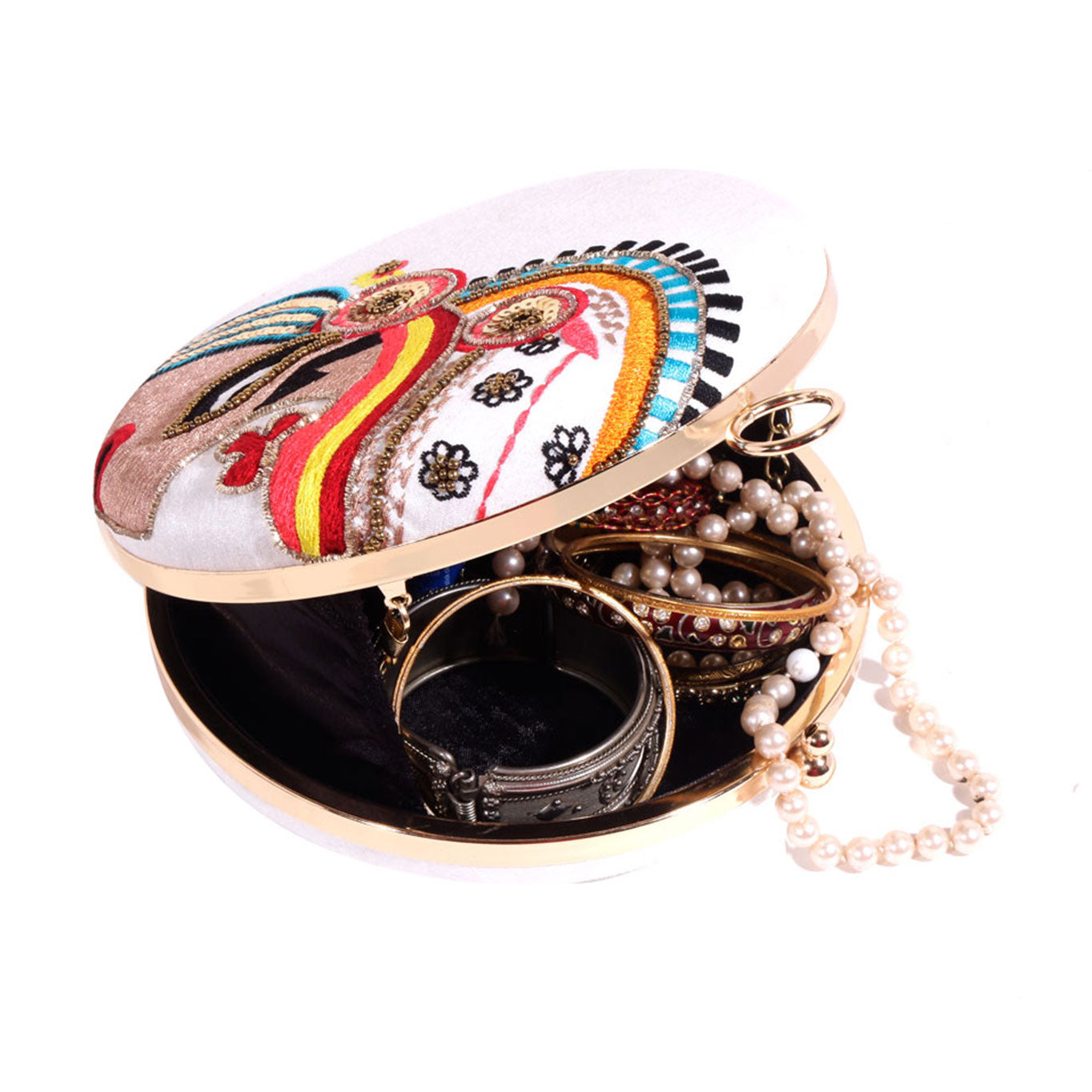 Kathakali Ethnic Embroidery Round White Clutch Bag For Women & Girls