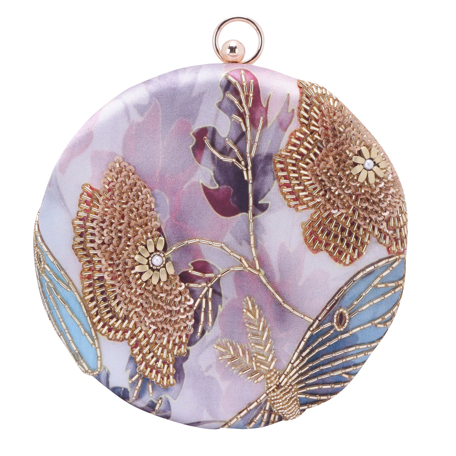 unique printed embroidered round clutch