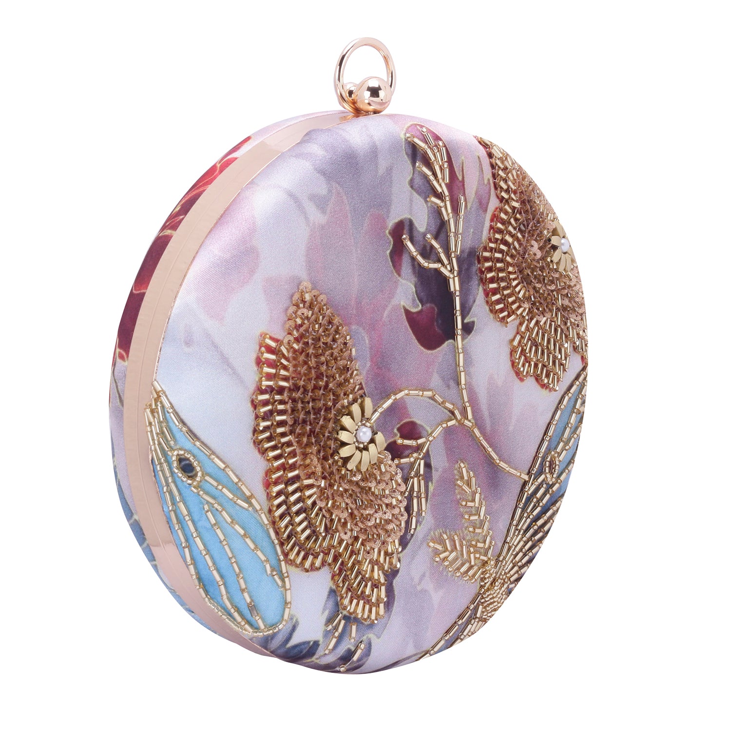 unique printed embroidered round clutch