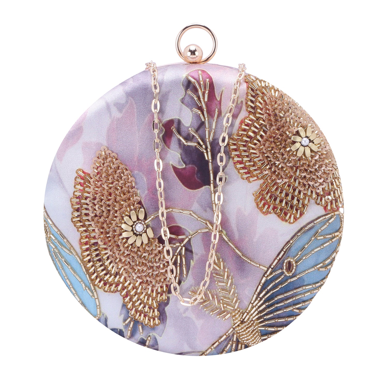 unique printed embroidered round clutch