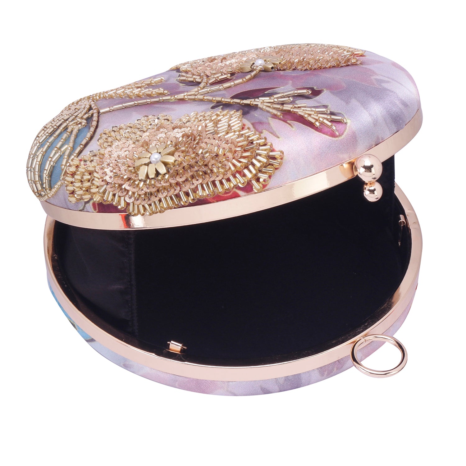 unique printed embroidered round clutch
