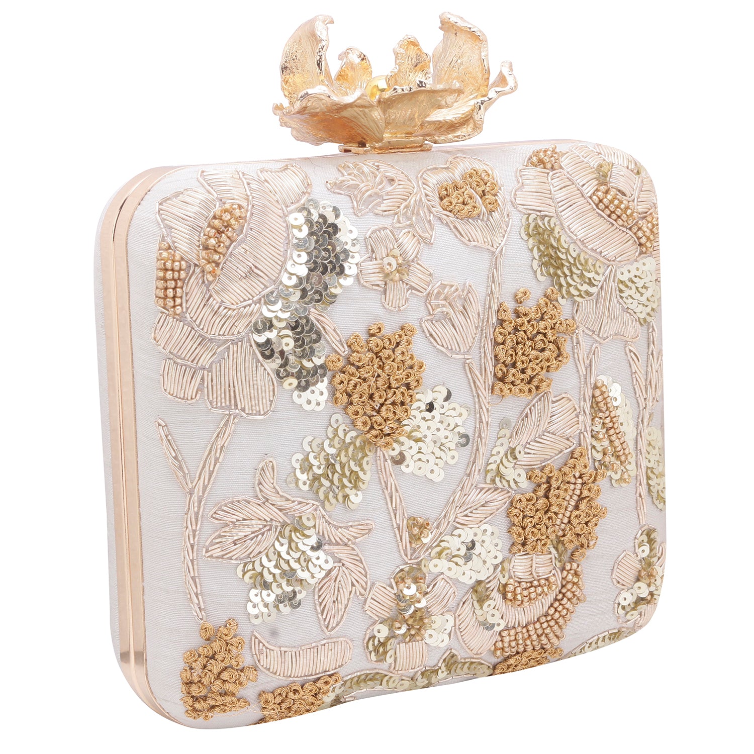 beige floral embroidered square clutch
