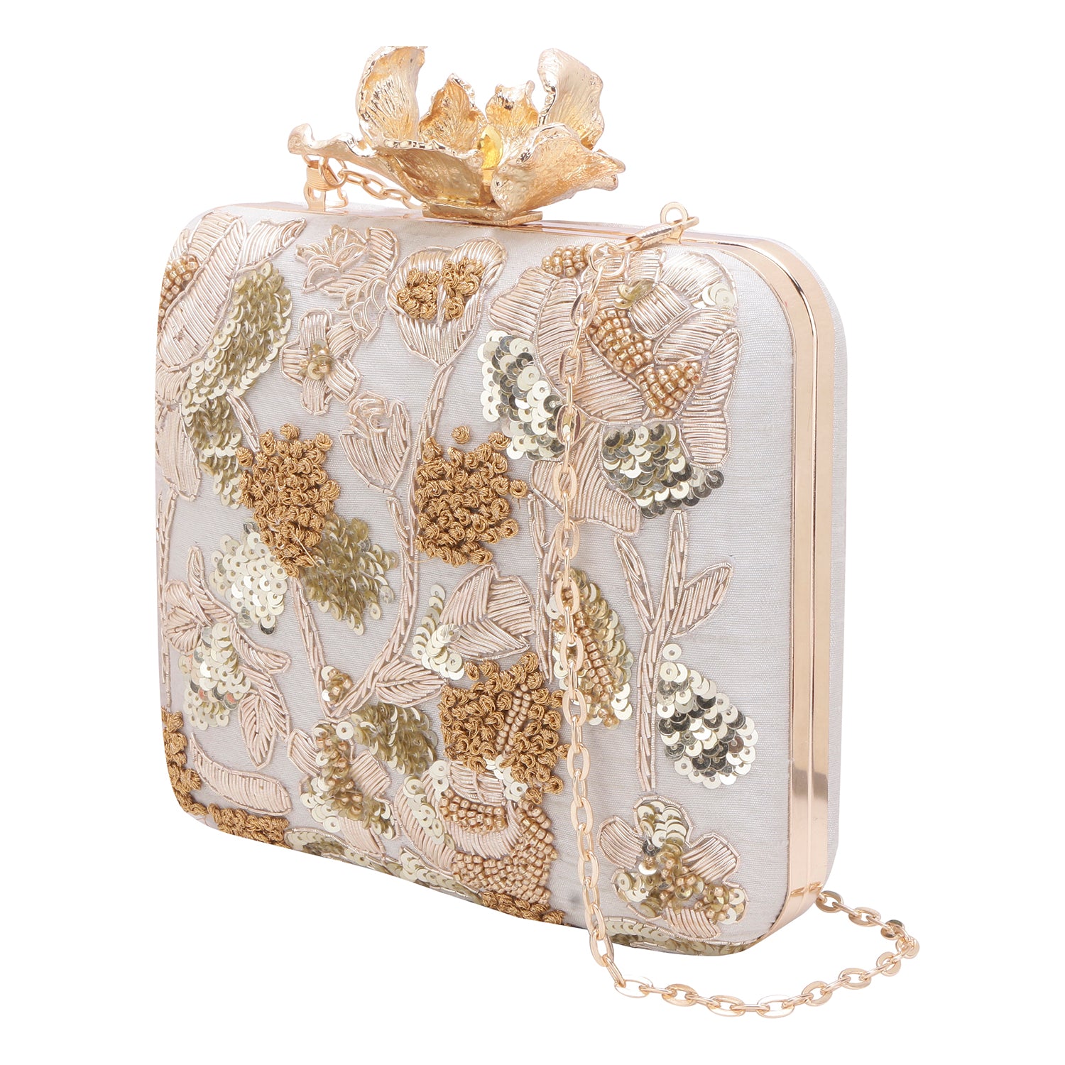 beige floral embroidered square clutch