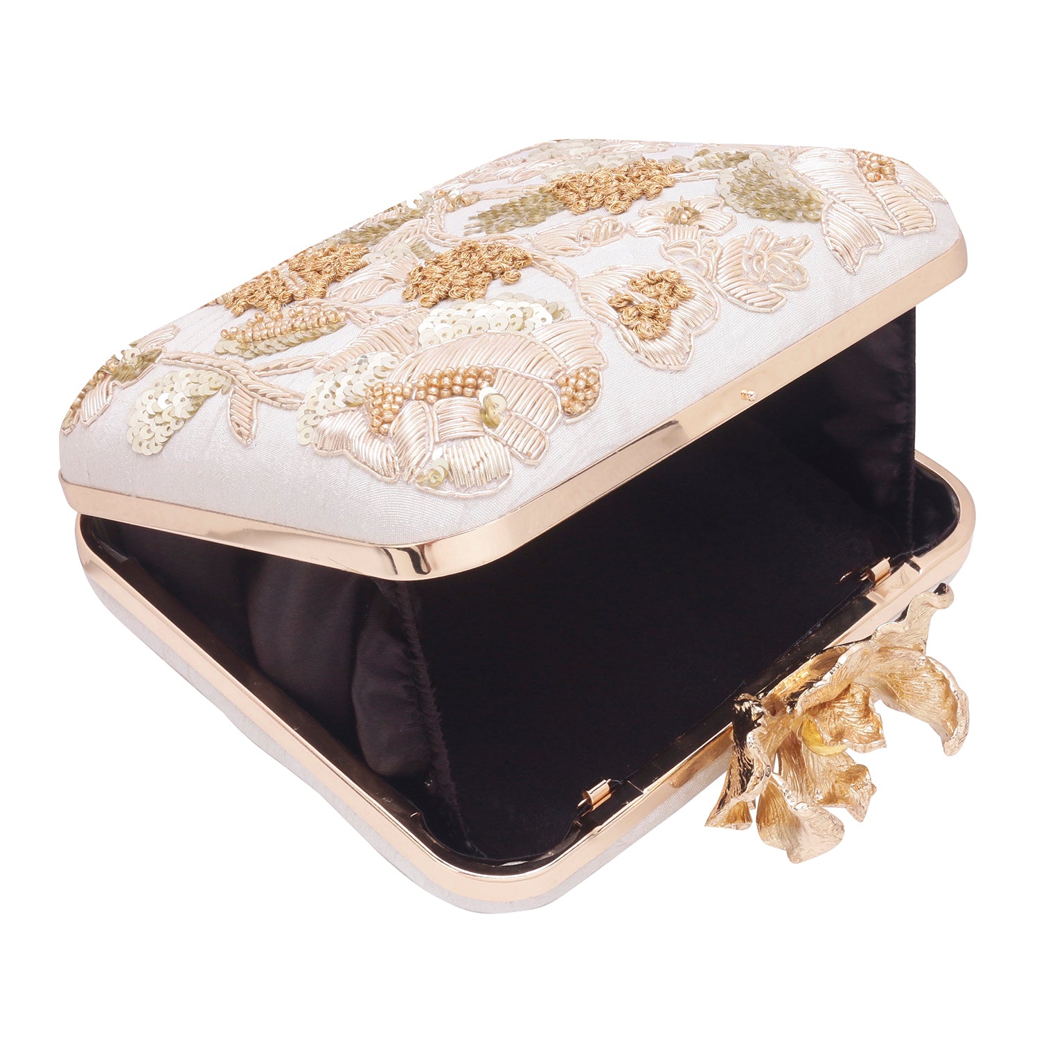 beige floral embroidered square clutch