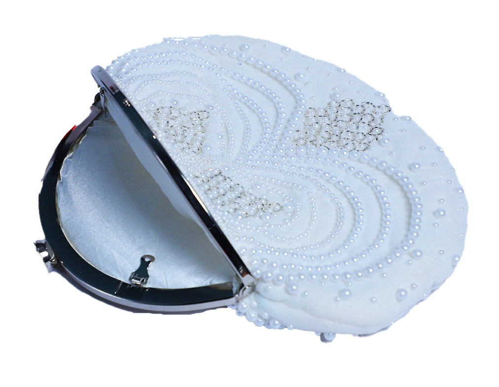 White Pearly Half Frame Clutch Bag for Women & Girls