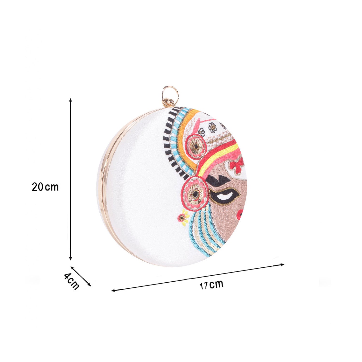 Kathakali Ethnic Embroidery Round White Clutch Bag For Women & Girls