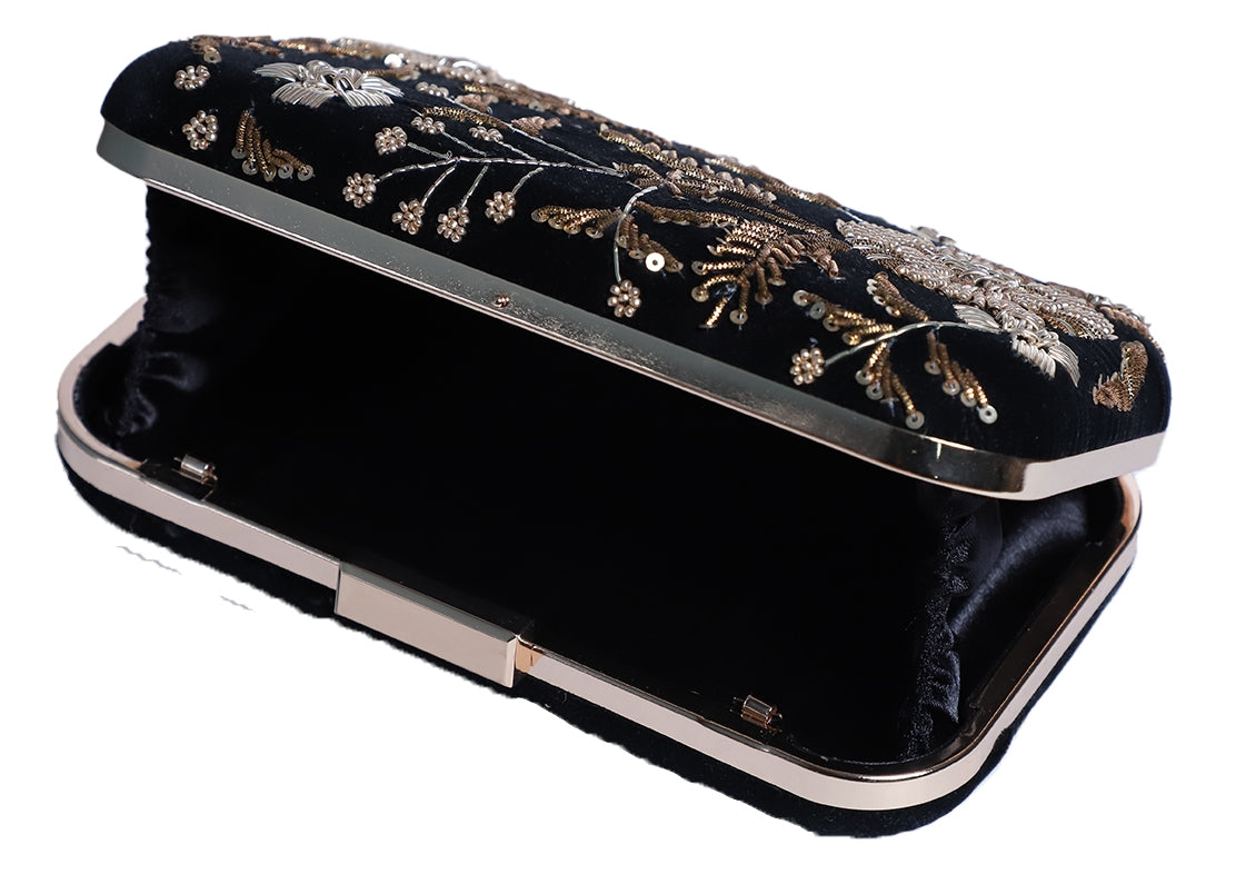 Flower golden zardosi embroidery black clutch