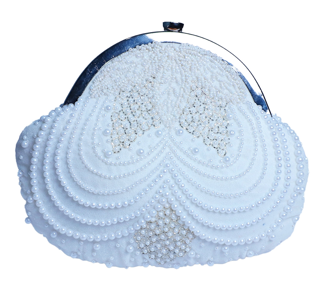 White Pearly Half Frame Clutch Bag for Women & Girls