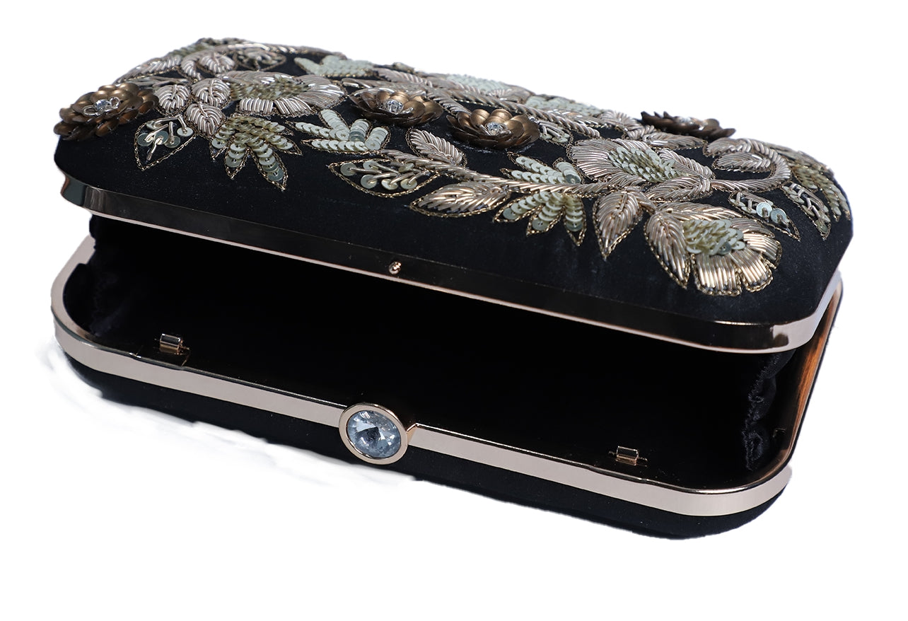 Elegant flower zardosi embroiery black clutch