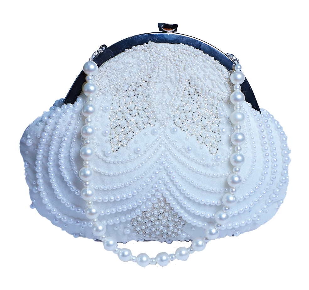White Pearly Half Frame Clutch Bag for Women & Girls