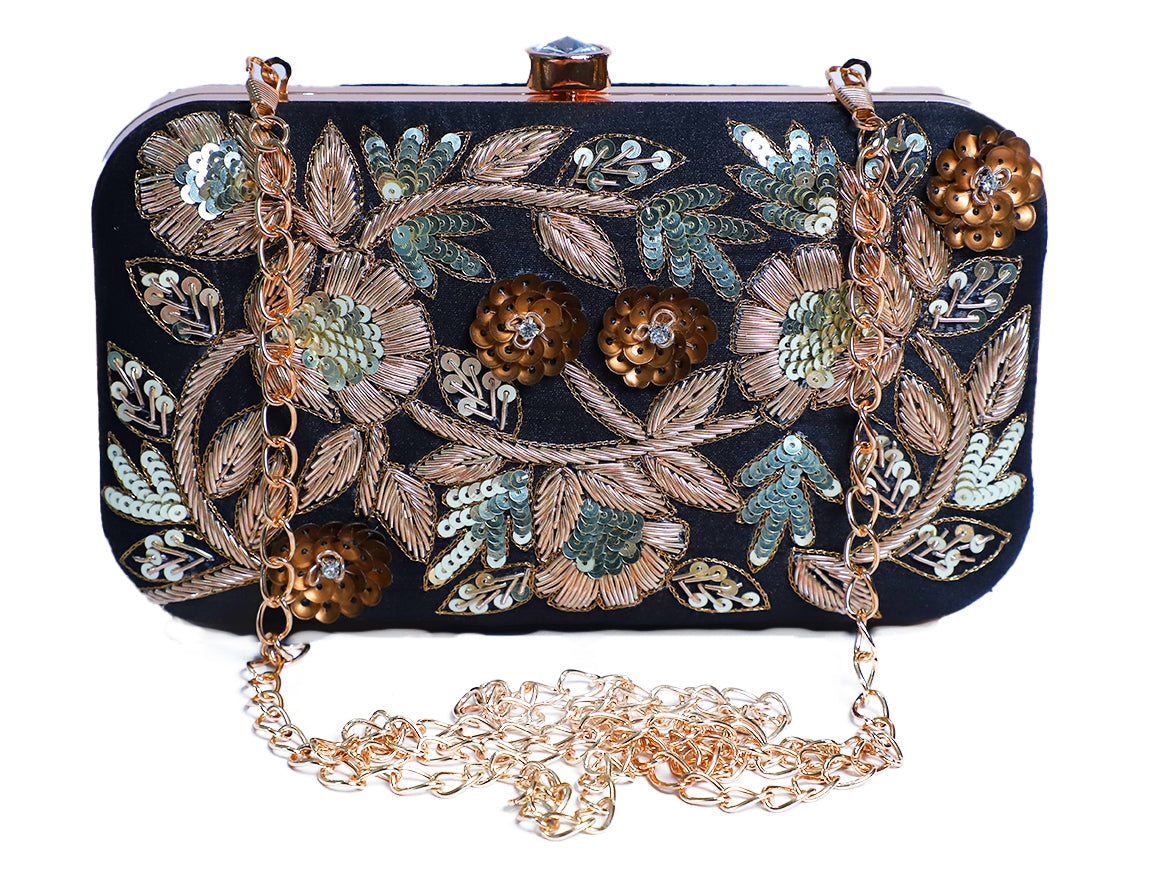 Elegant flower zardosi embroiery black clutch