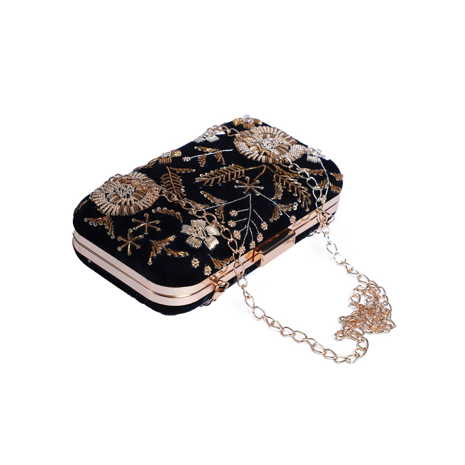 Flower golden zardosi embroidery black clutch