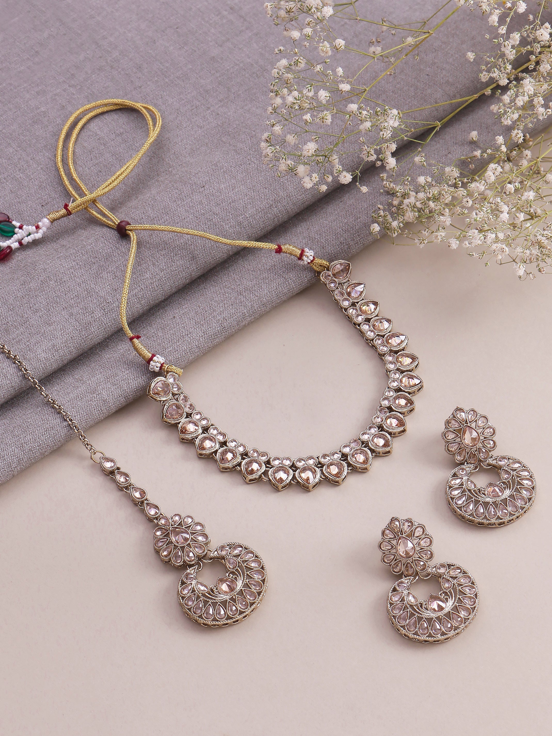 Swisni Alloy Golden Necklace, Earring, Maang Tikka Golden Beads Necklace Set For Women|For Girls|Gifting|Anniversary|Birthday|Girlfriend