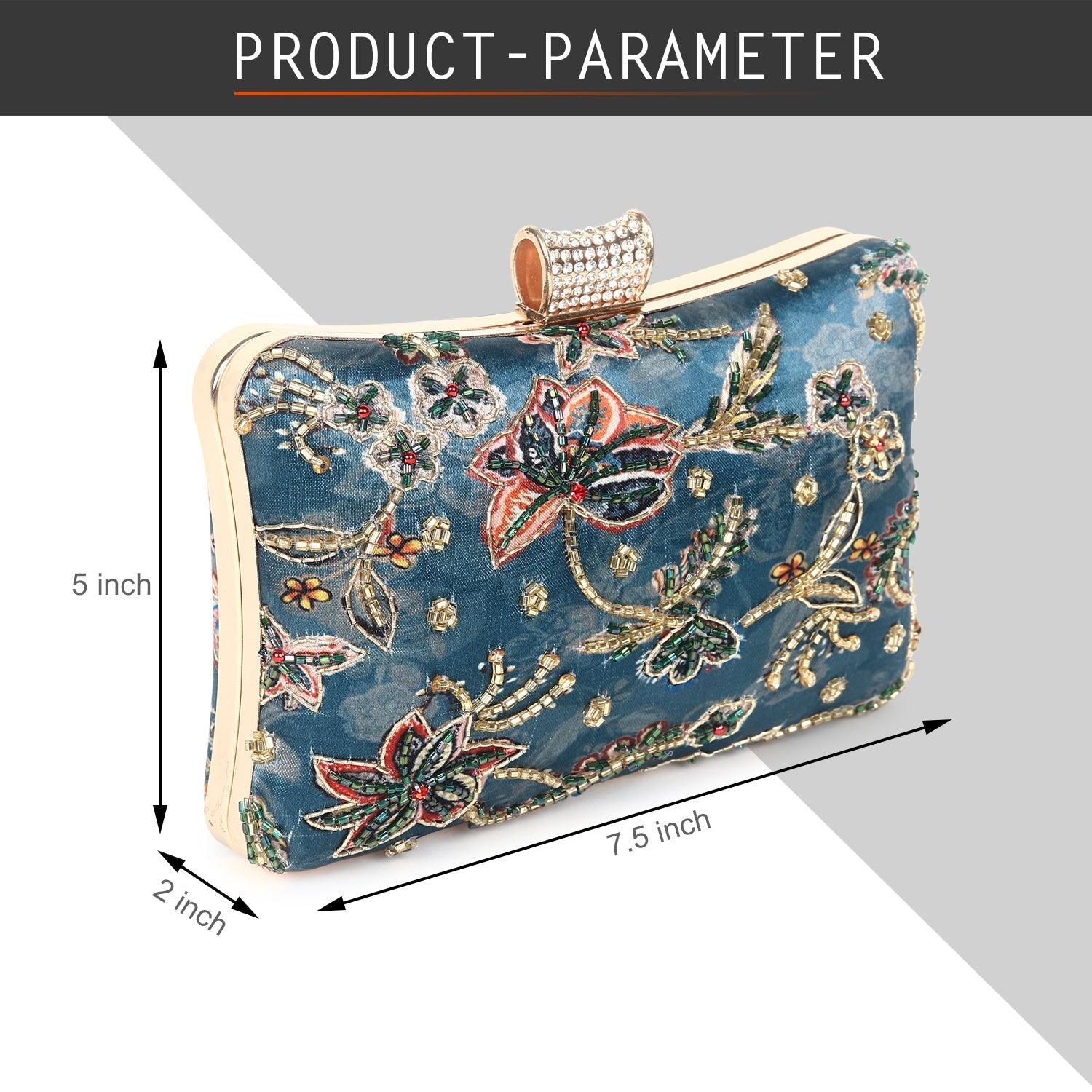 Printed embroidered clutch bag