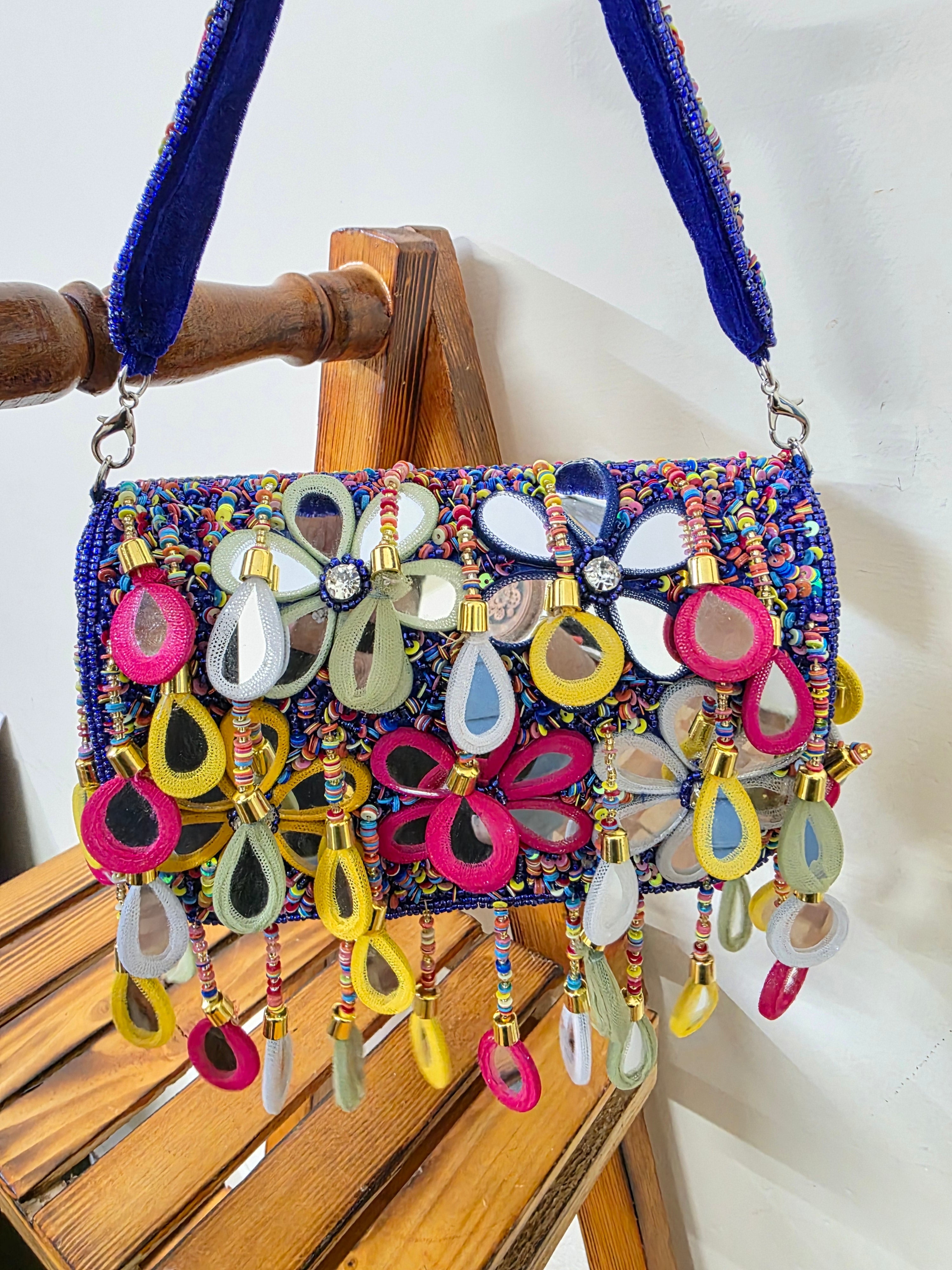 Blue multi mirror flap bags