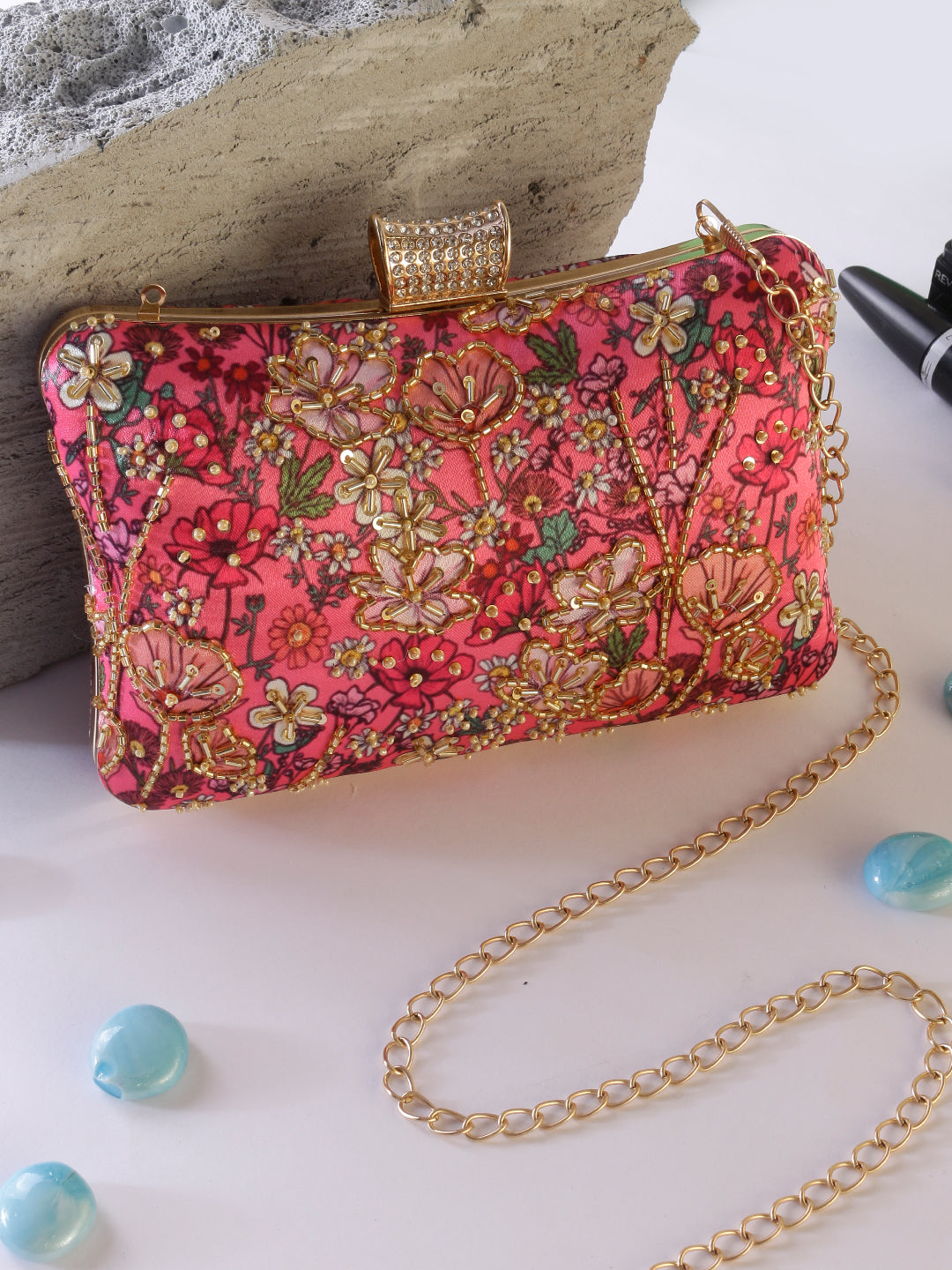 Swisni printed embroidered clutch bag