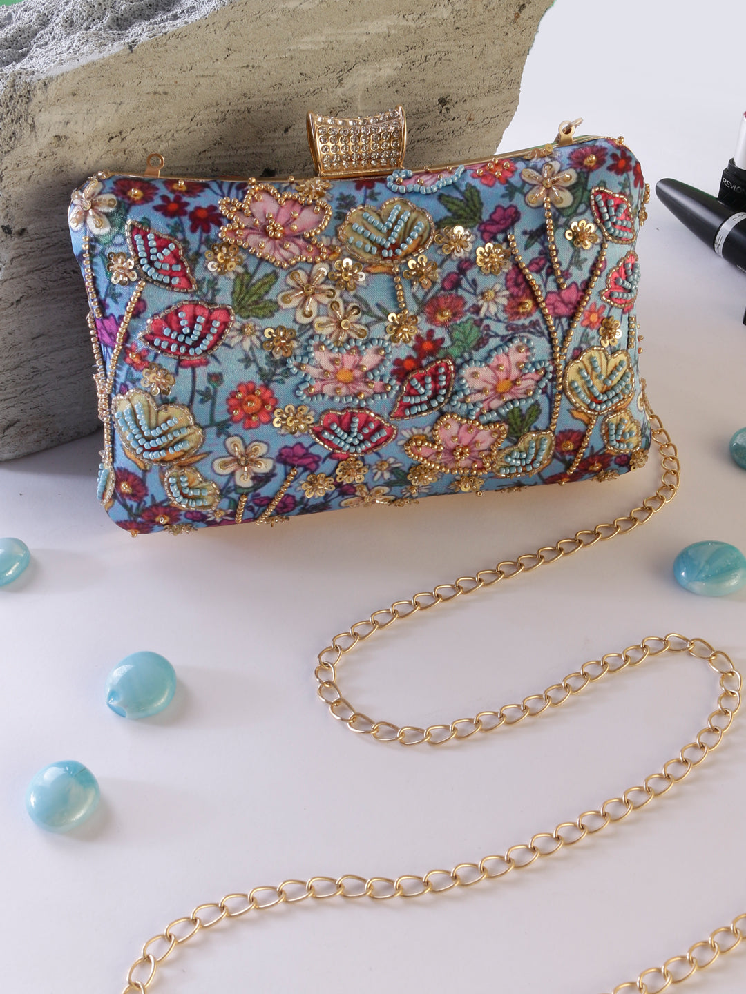 Swisni printed embroidered clutch bag