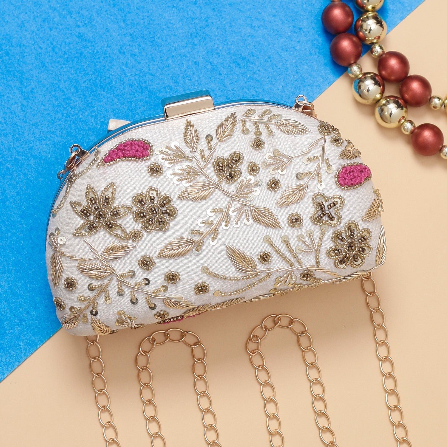 Swisni white d shape embroidered clutch bag