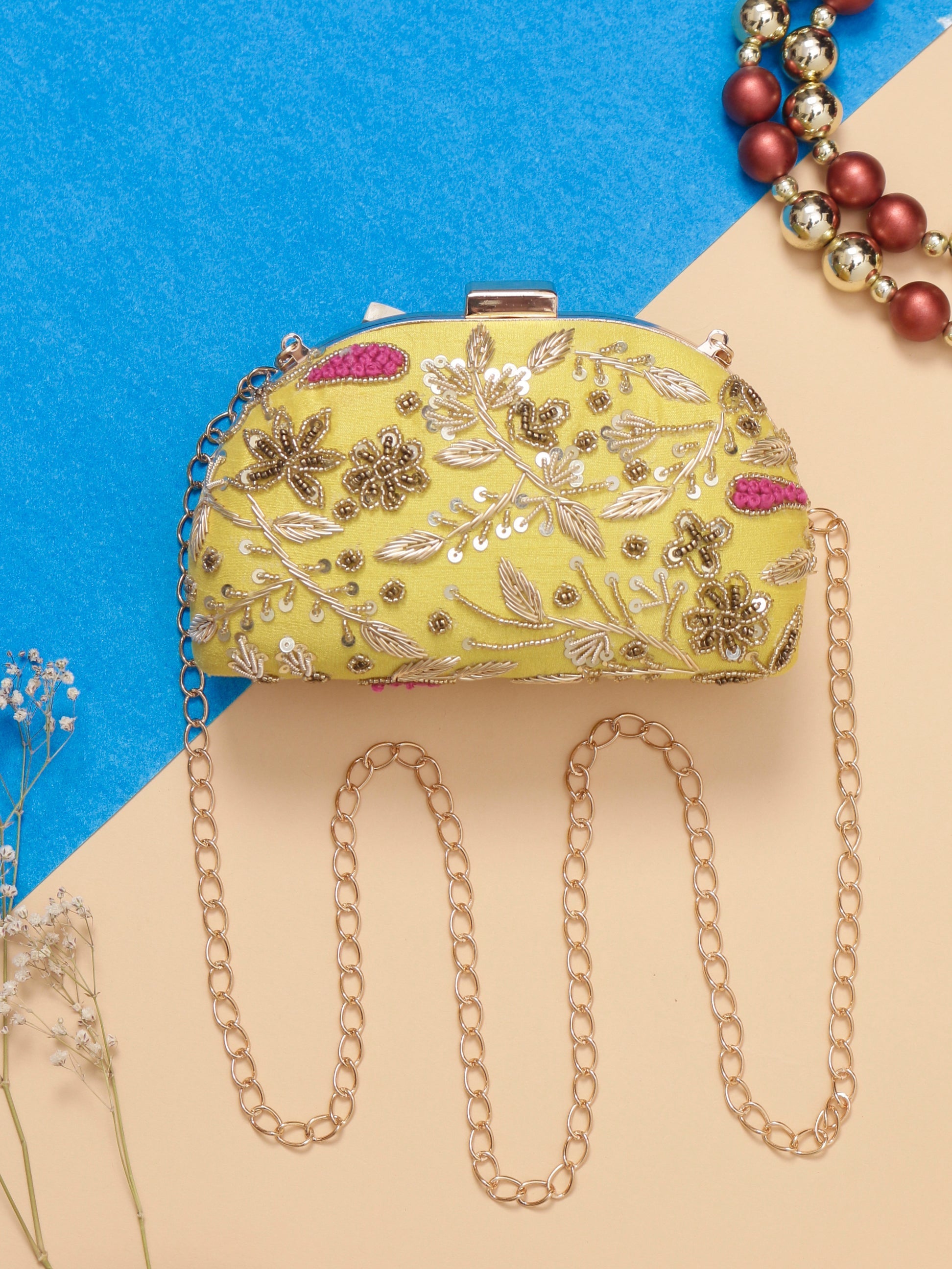 Swisni yellow d shape embroidered clutch bag