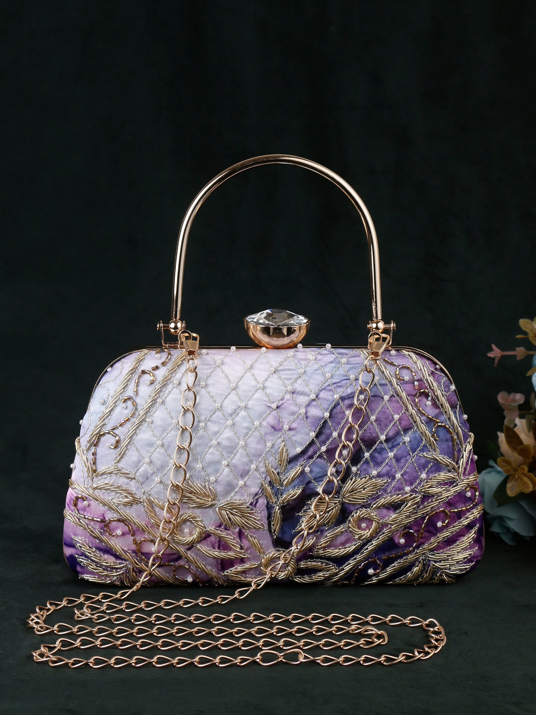 Swisni printed embroidered clutch bag with handle