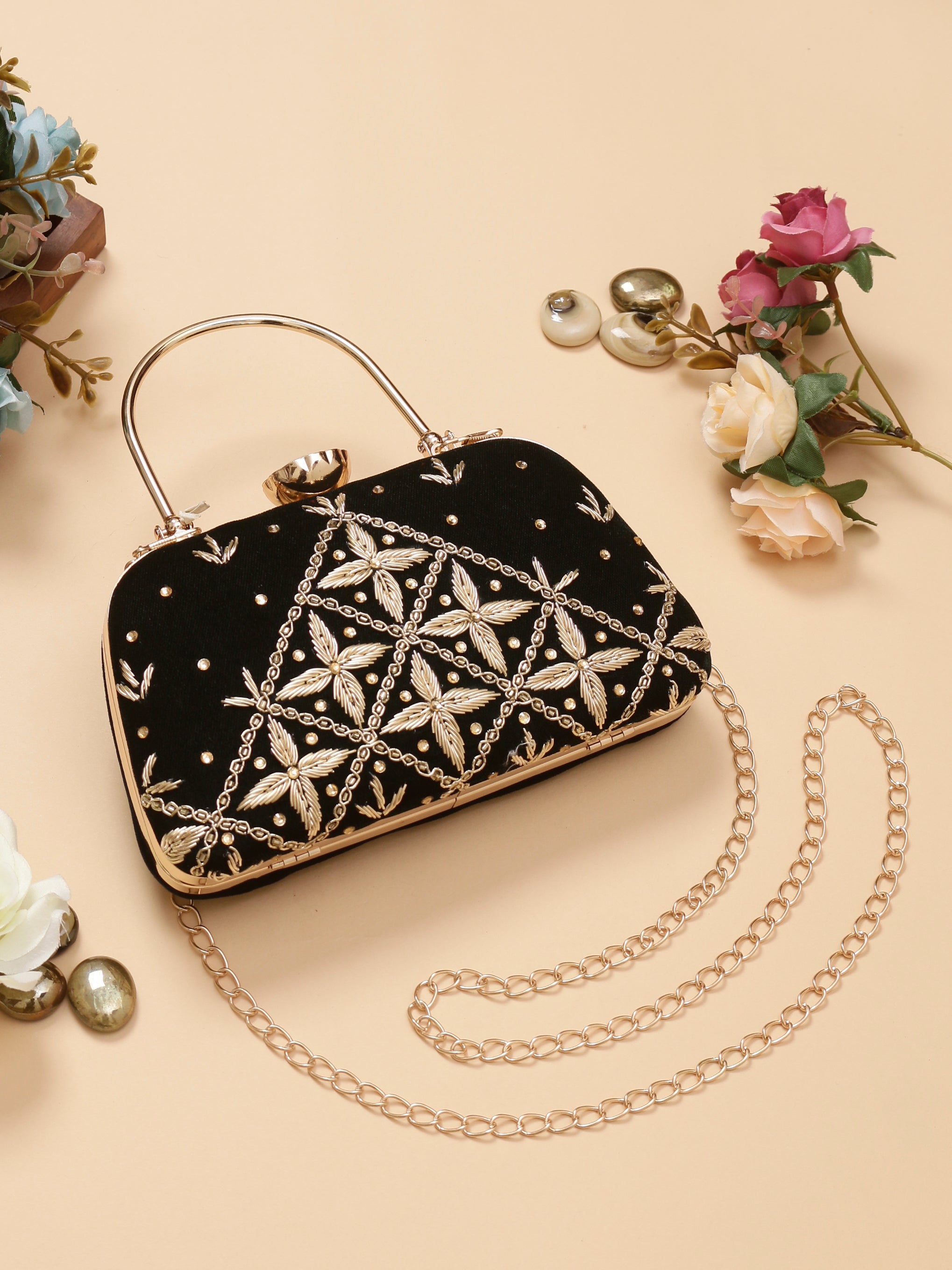 Swisni black velvet embroidered clutch bag