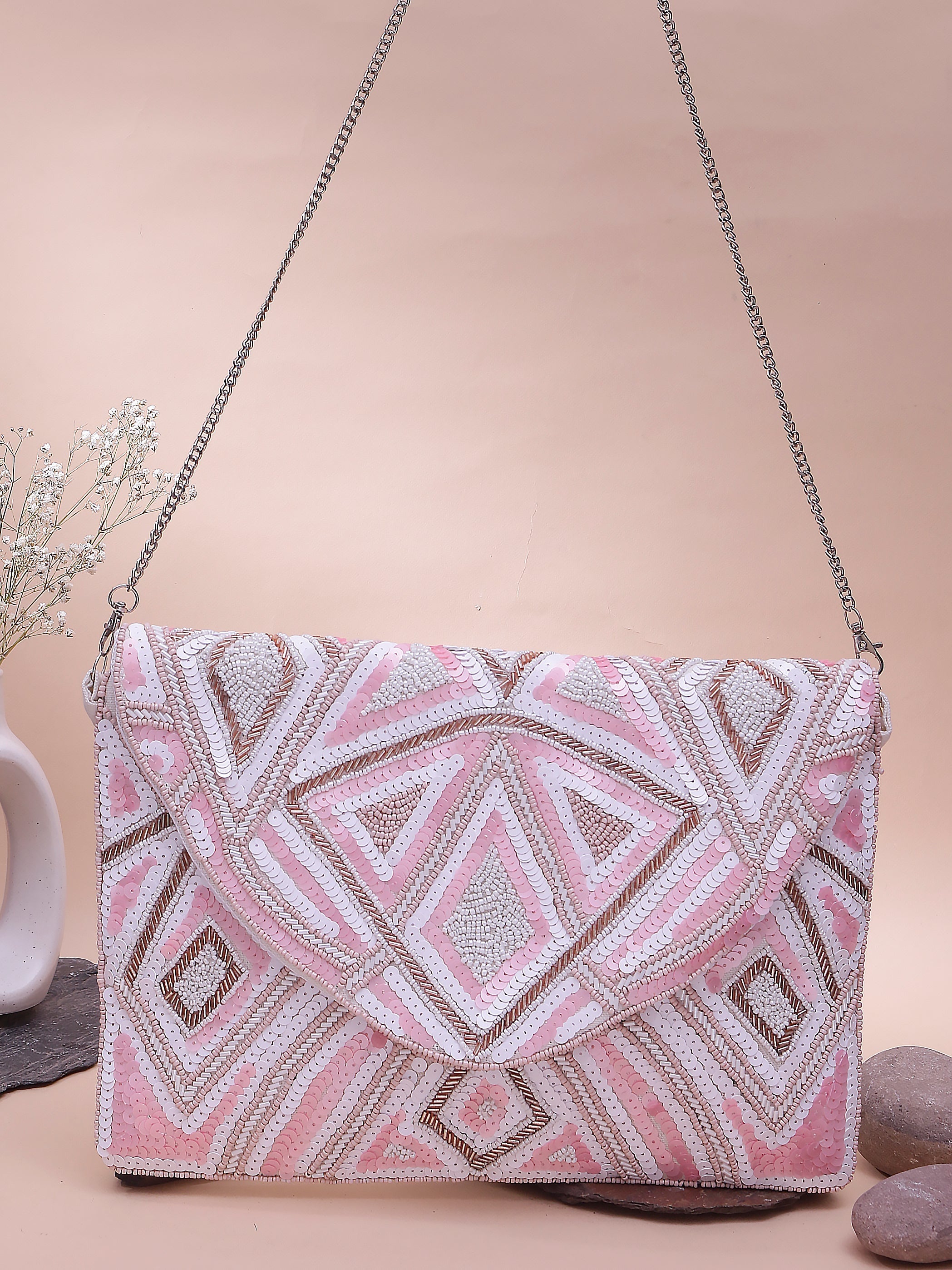Swisni baby pink beaded clutch bag