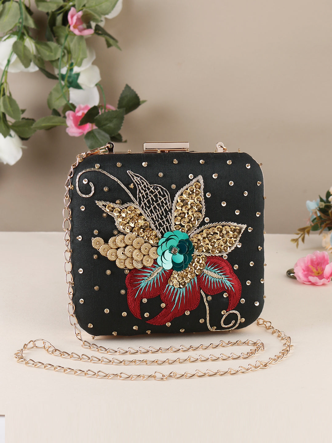 Swisni black square embrodiered clutch bag