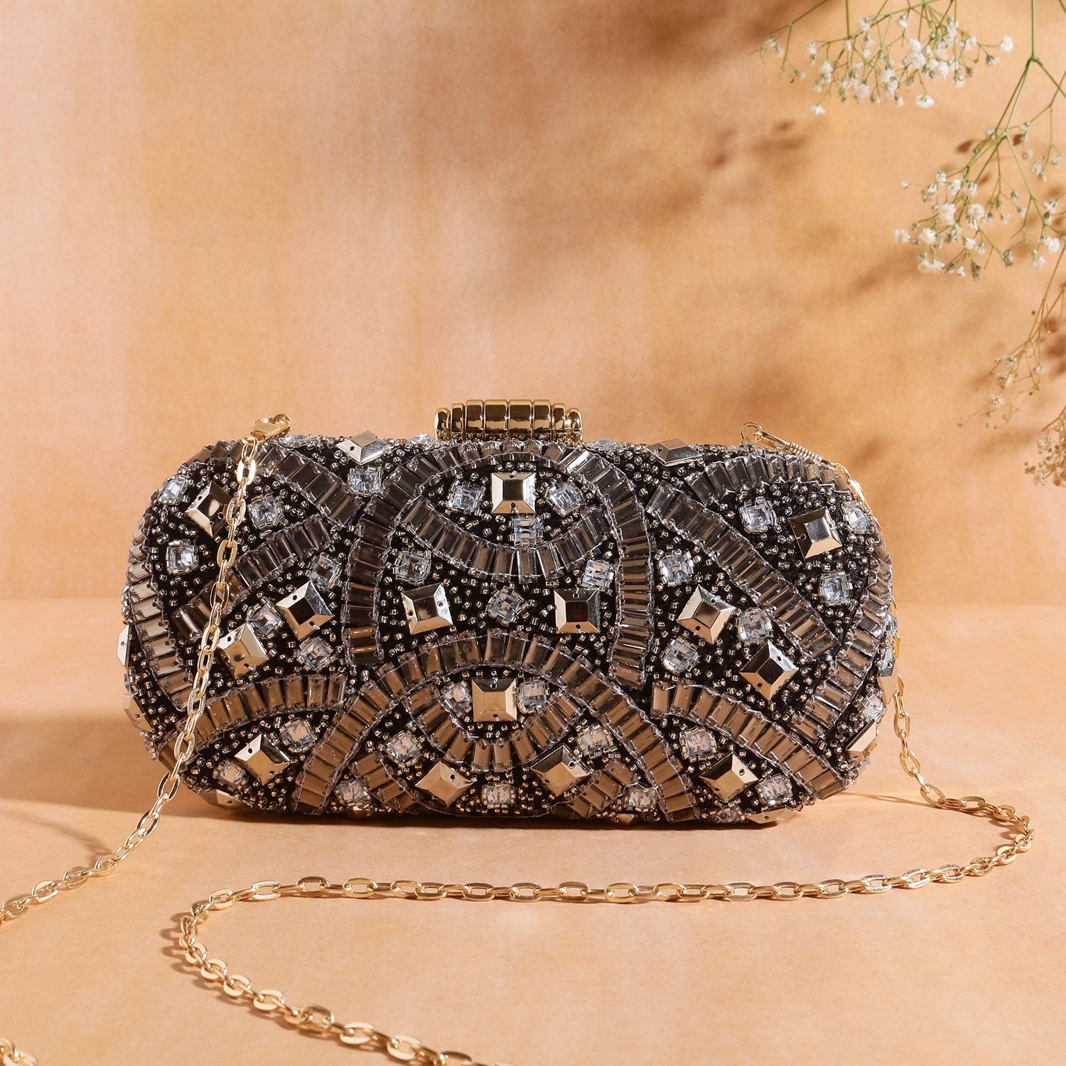 Embroidered Box Clutch For Casual Use
