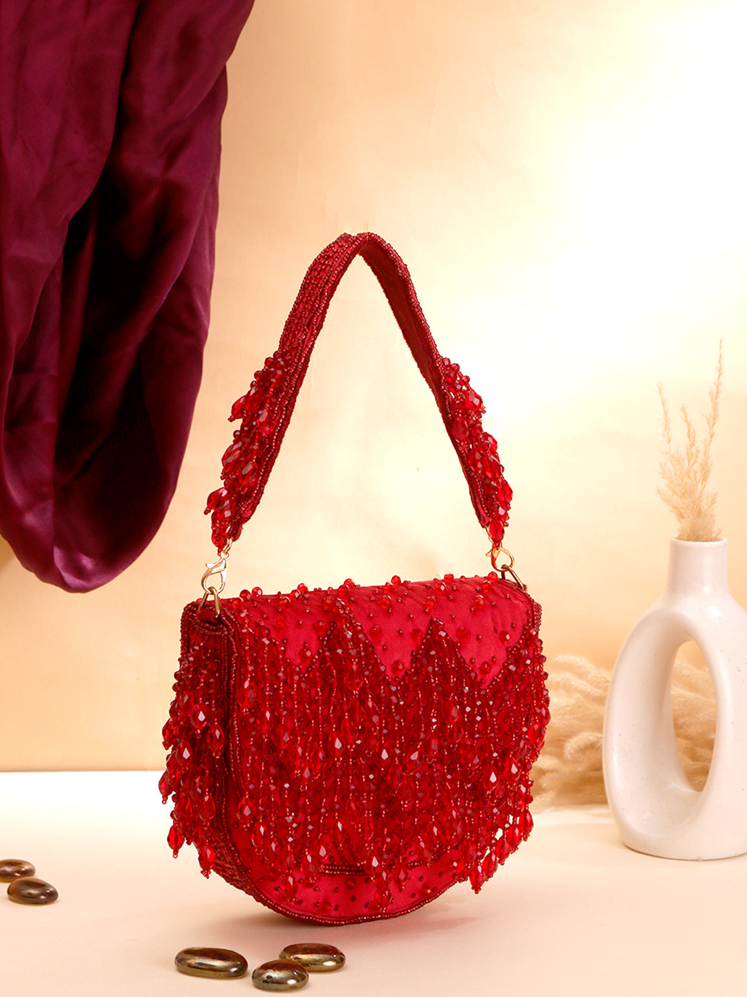 Swisni red embroidered flap clutch bag