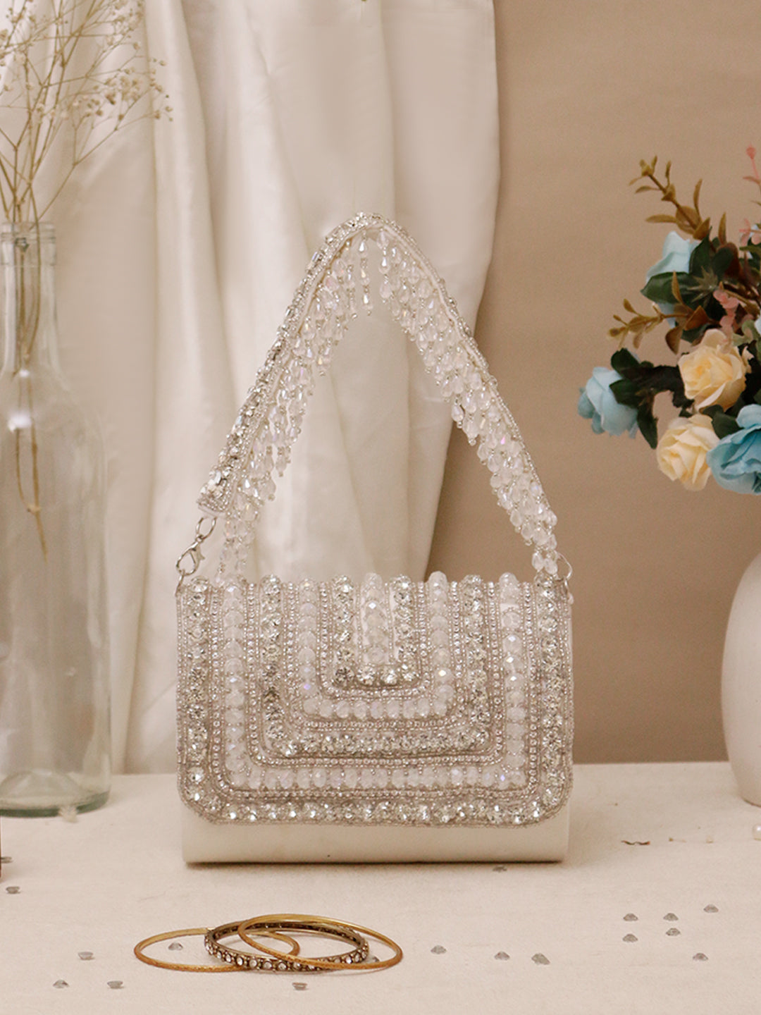 Swisni white crystal mini flap clutch bag
