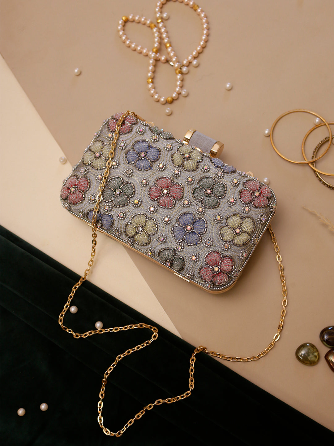 Swisni grey embroidered clutch bag