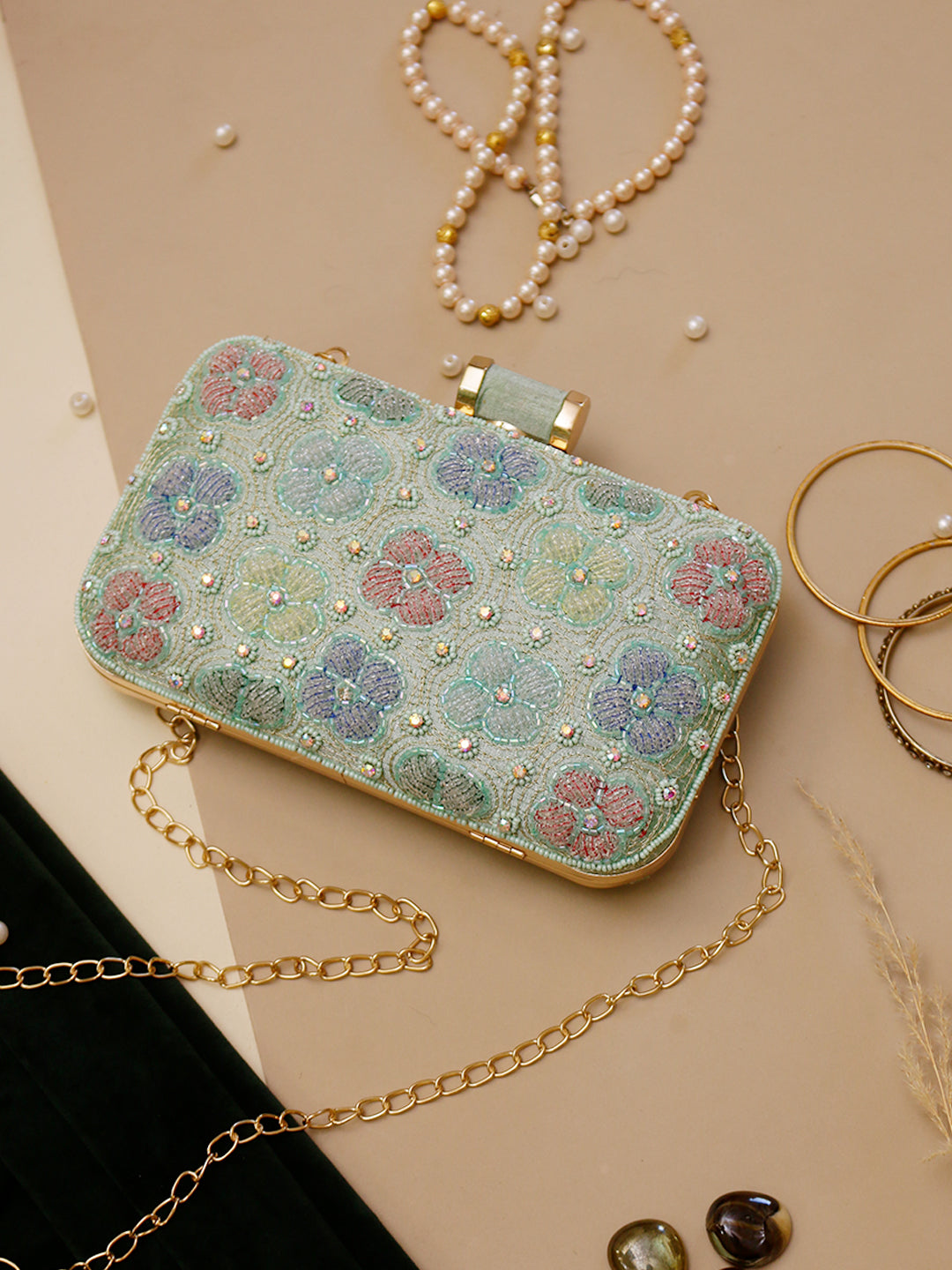 Swisni mint green embroidered clutch bag