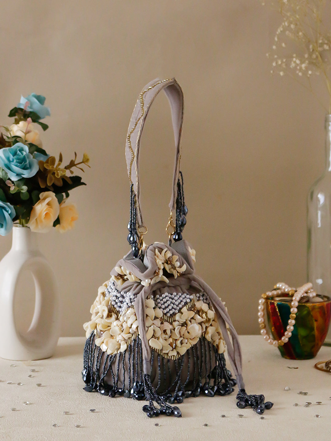 Swisni Grey velvet potli bag
