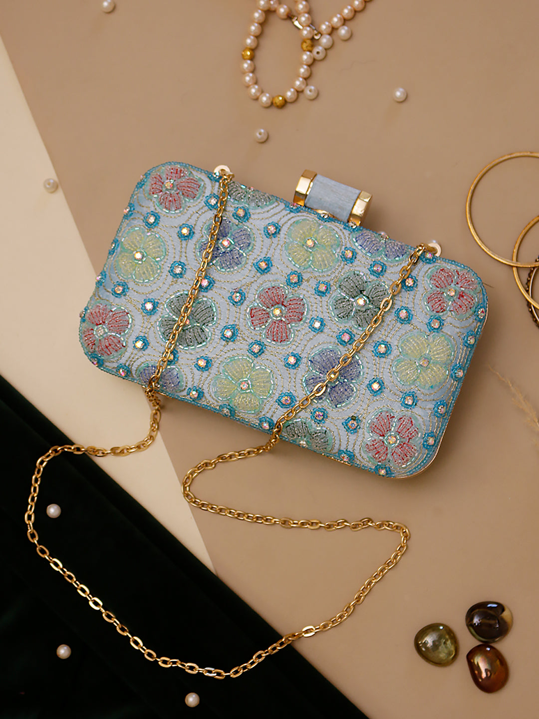 Swisni Blue embroidered clutch bag