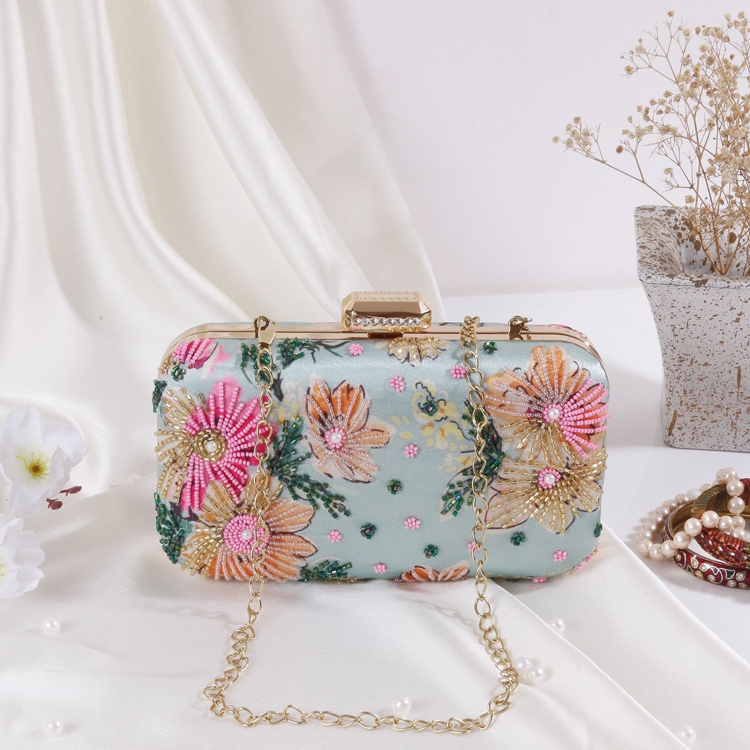 Designer Printed Embroidered Green Clutch Bag For Women & Girls