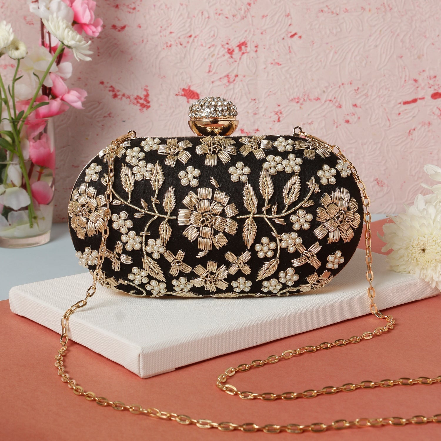 Embroidered Box Clutch For Casual Use