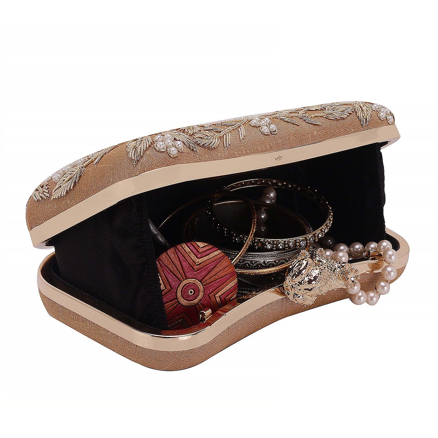 Golden embroidery frog knob clutch