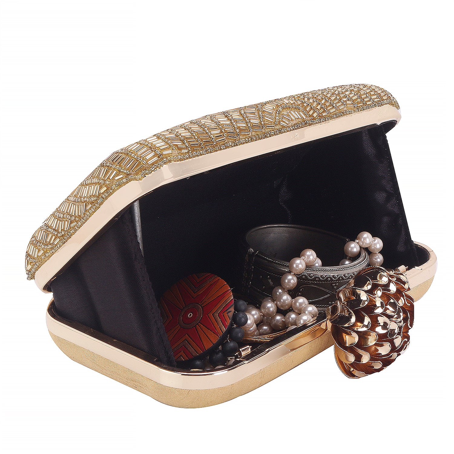 latest golden swirl design embroidered clutch bag