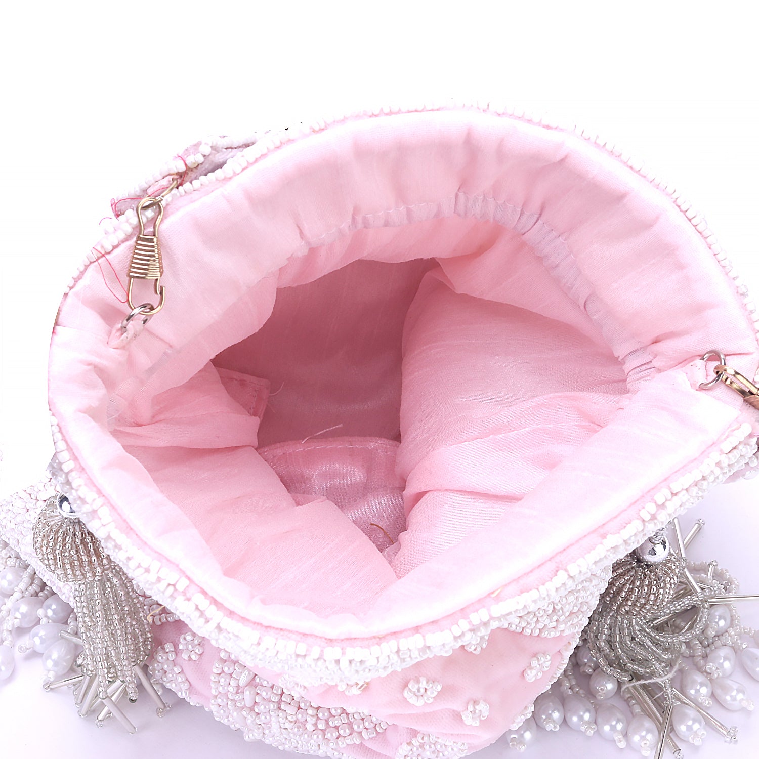 pearl tassel baby pink potli