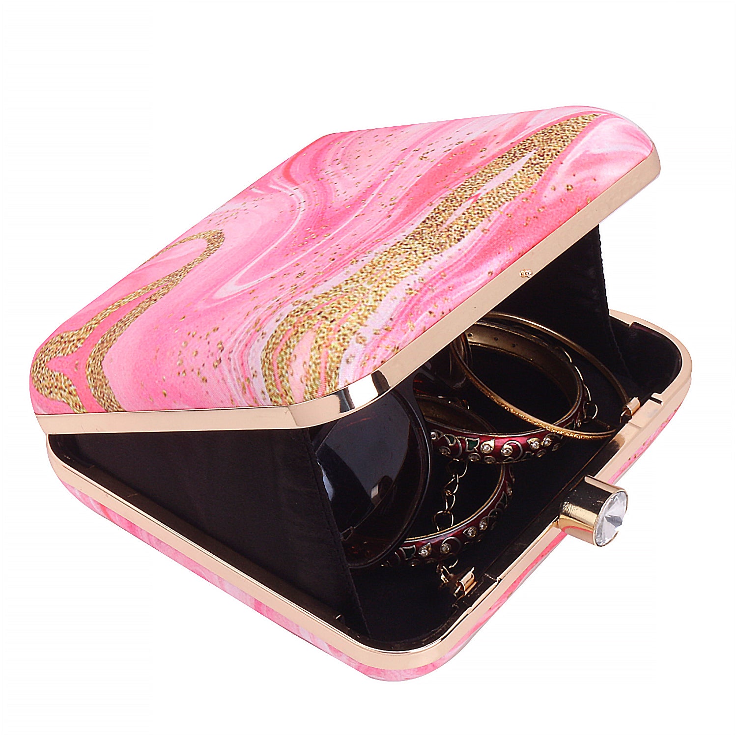 Abstract Printed Pink With Golden Glitter Design Box Clutch Bag