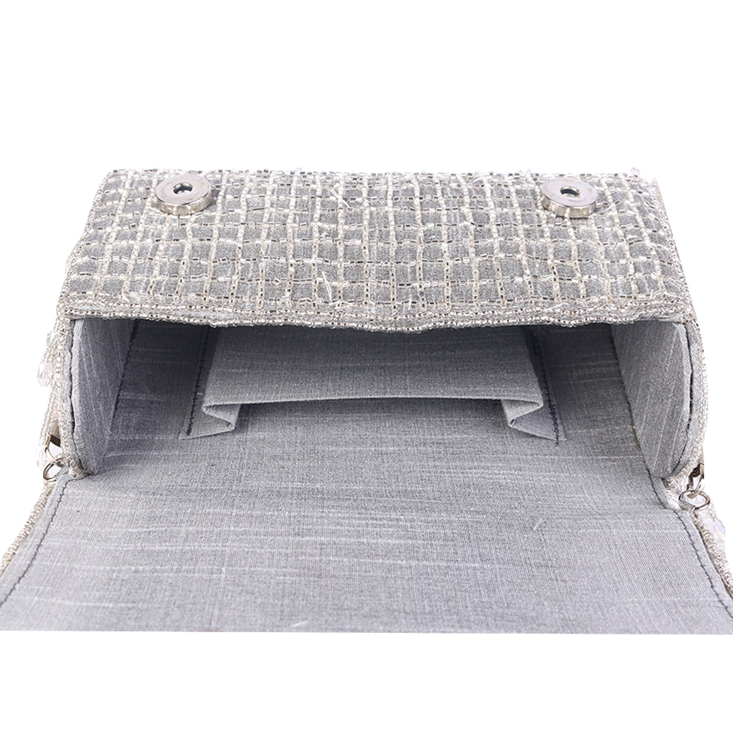 grey crystal flap clutch
