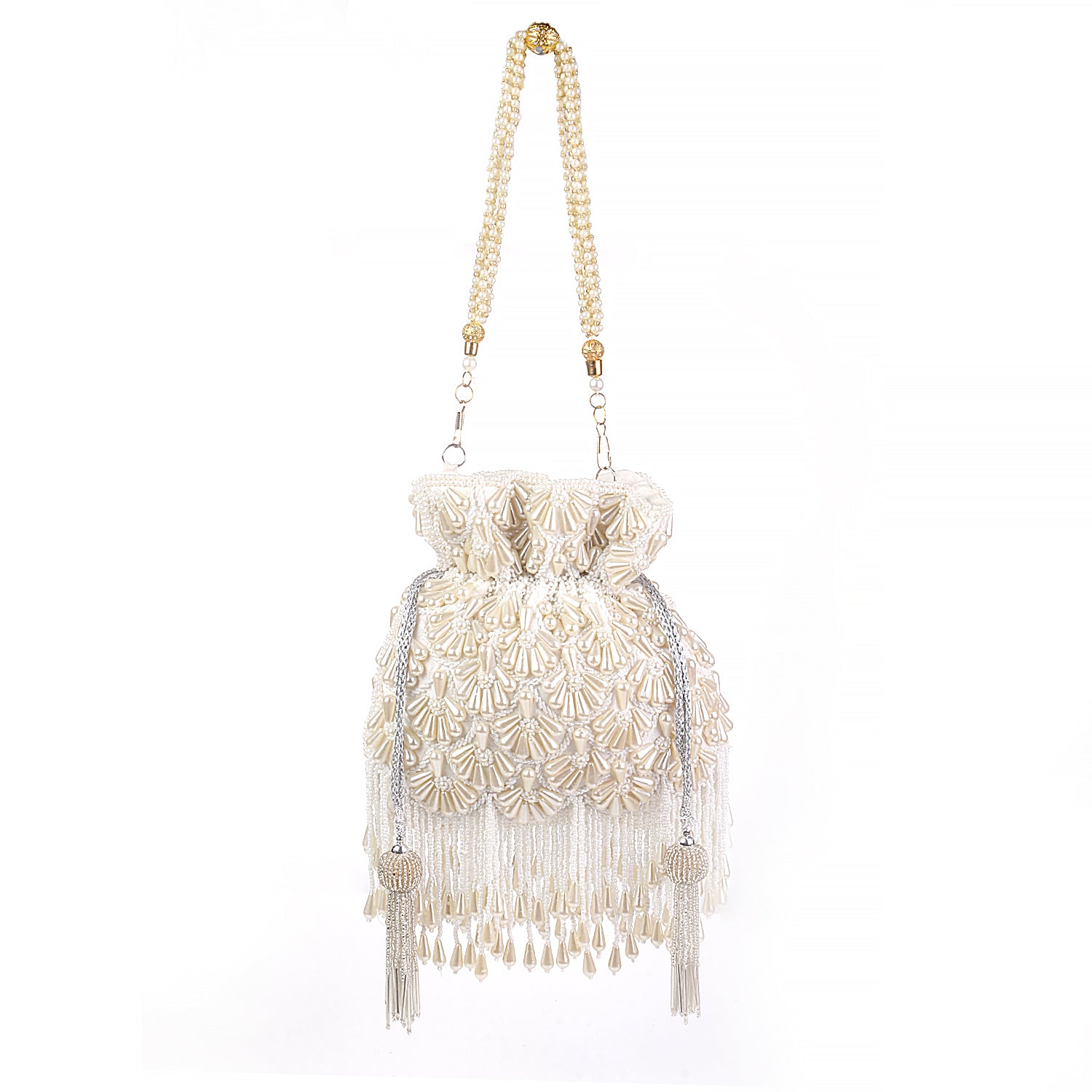 White Pearl Allover Embroidered Potli Bag For Wedding Party