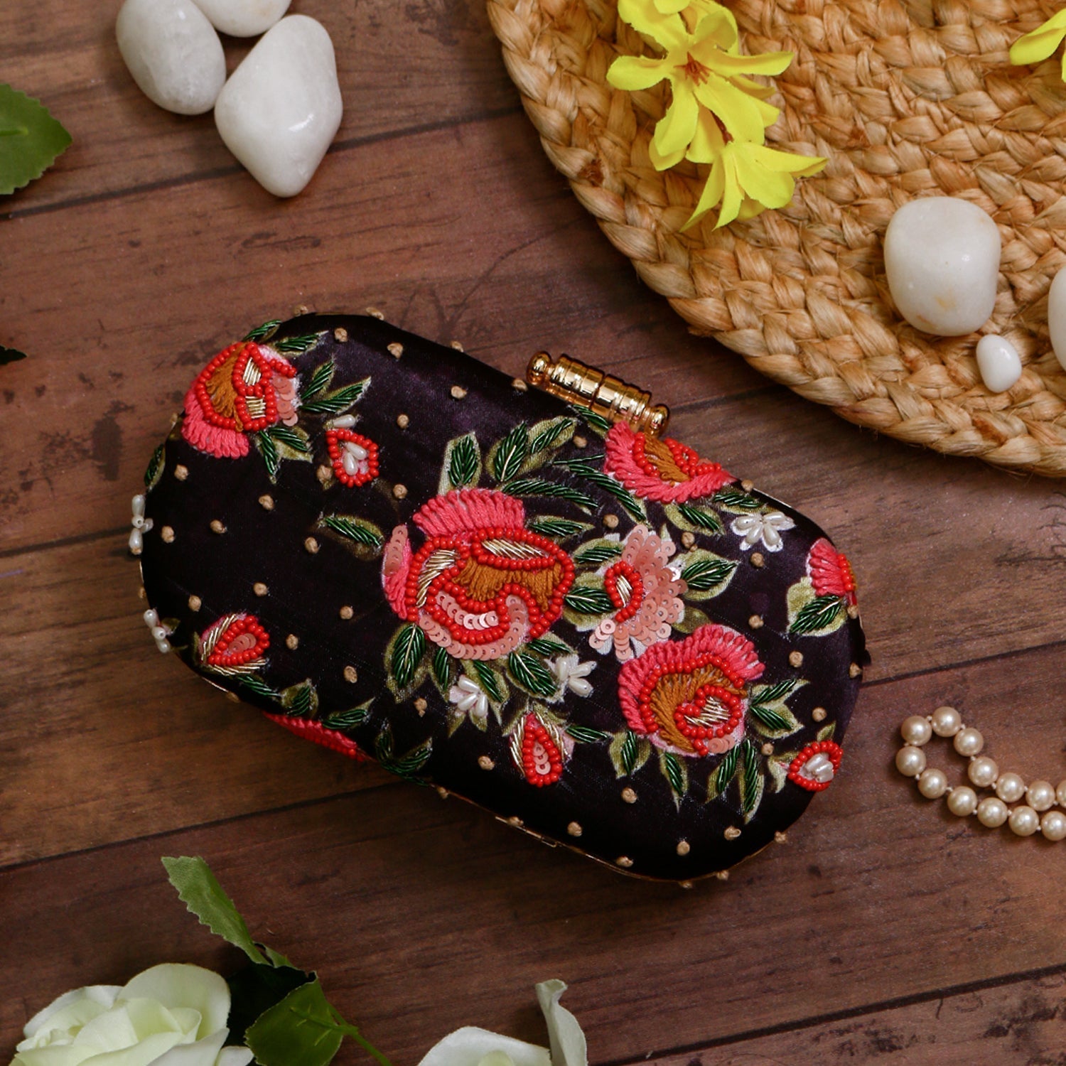 stylish flower printed embroidered clutch