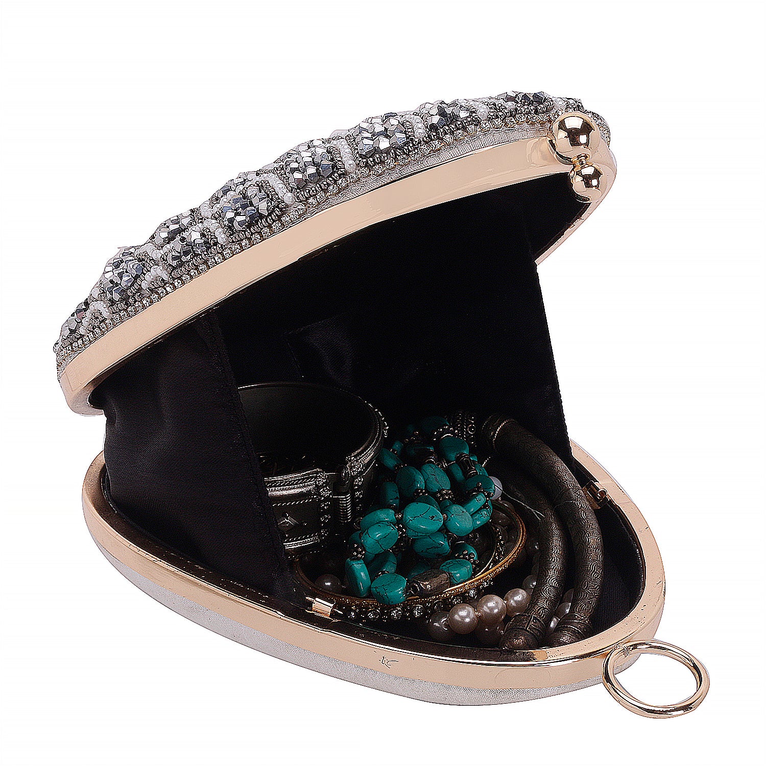 Elegant grey embroidered almond shape clutch