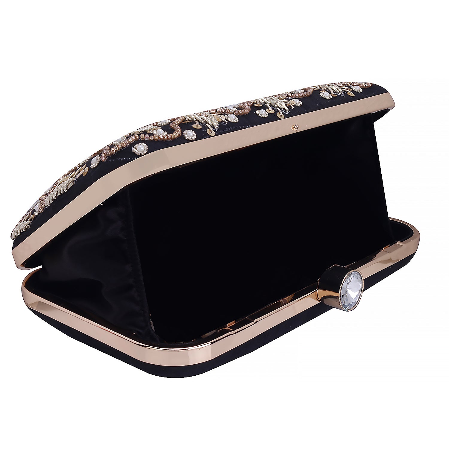 embroidered black clutch