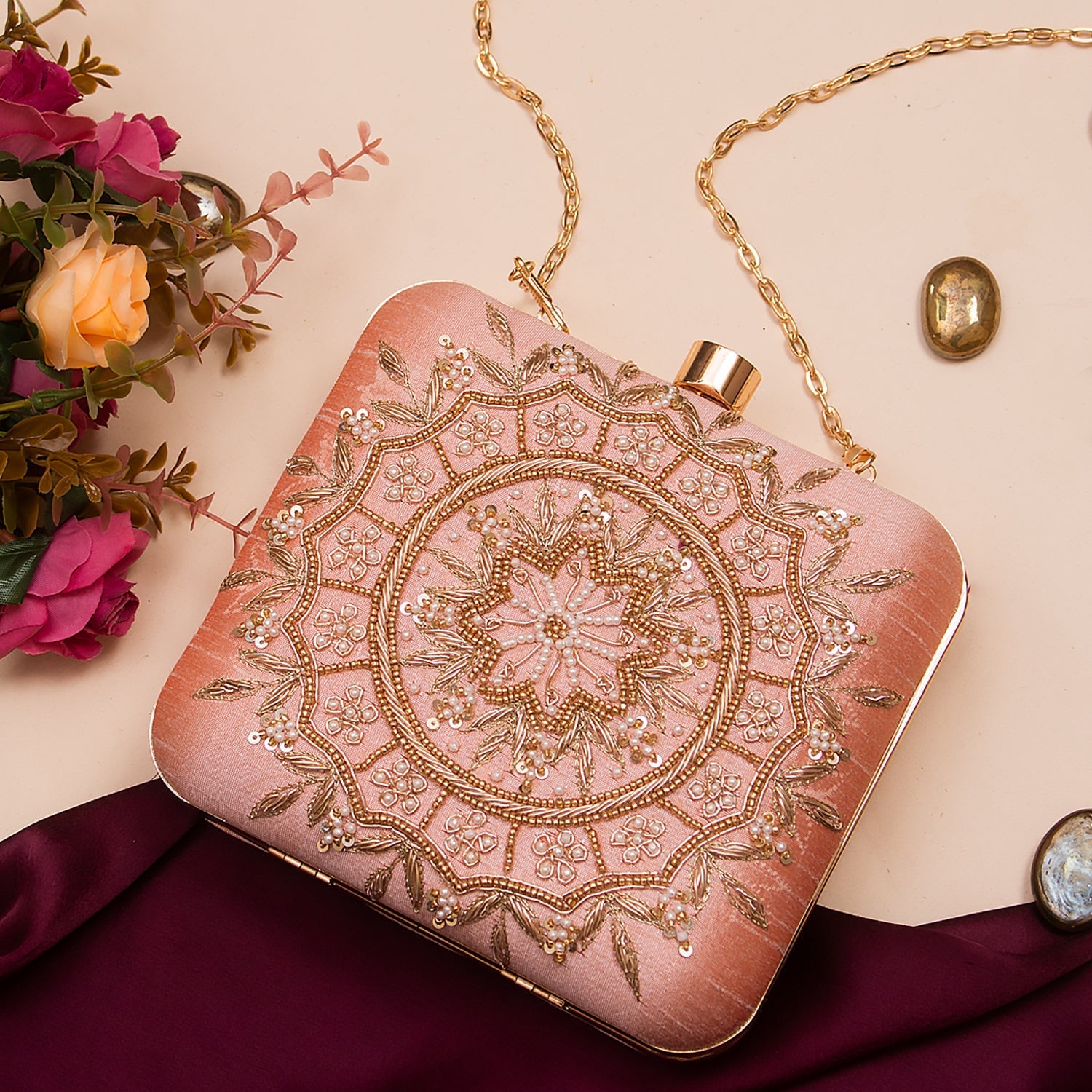 embroidered square clutch